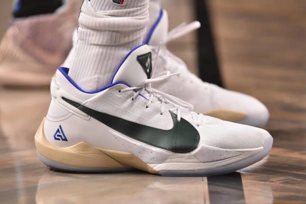 The sneakers worn by Giannis Antetokounmpo of the Milwaukee Bucks during Round 2, Game 2 on June 7, 2021 at Barclays Center in Brooklyn, New York....