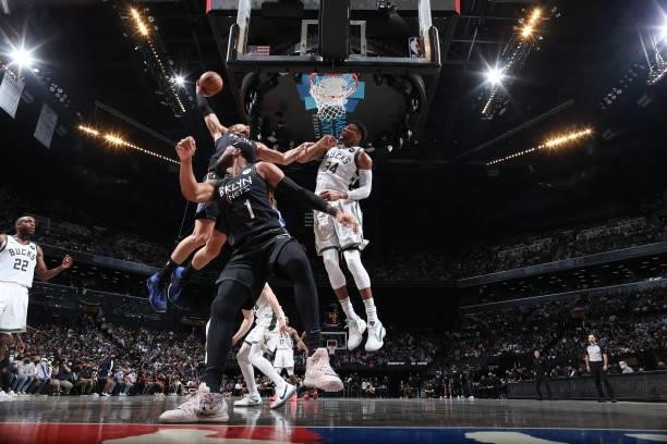 Blake Griffin of the Brooklyn Nets dunks the ball against the Milwaukee Bucks during Round 2, Game 2 of the 2021 NBA Playoffs on June 7, 2021 at...