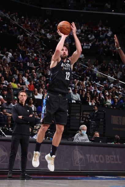Joe Harris of the Brooklyn Nets shoots the ball against the Milwaukee Bucks during Round 2, Game 2 of the 2021 NBA Playoffs on June 7, 2021 at...