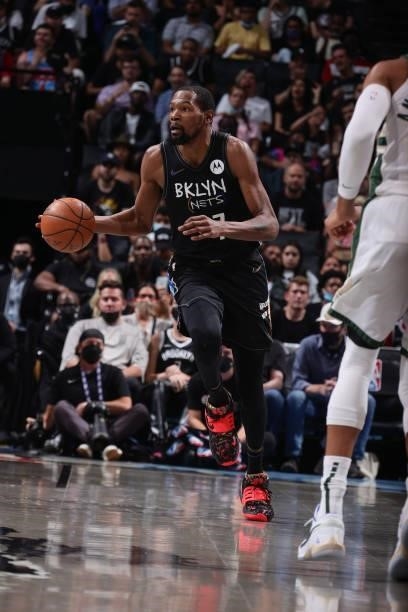 Kevin Durant of the Brooklyn Nets dribbles the ball against the Milwaukee Bucks during Round 2, Game 2 of the 2021 NBA Playoffs on June 7, 2021 at...