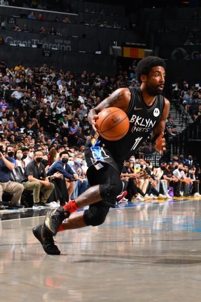 Kyrie Irving of the Brooklyn Nets drives to the basket against the Milwaukee Bucks during Round 2, Game 2 on June 7, 2021 at Barclays Center in...