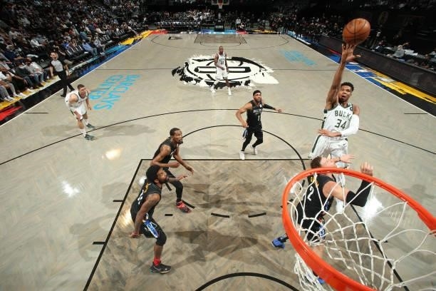 Giannis Antetokounmpo of the Milwaukee Bucks shoots the ball against the Brooklyn Nets during Round 2, Game 2 of the 2021 NBA Playoffs on June 7,...