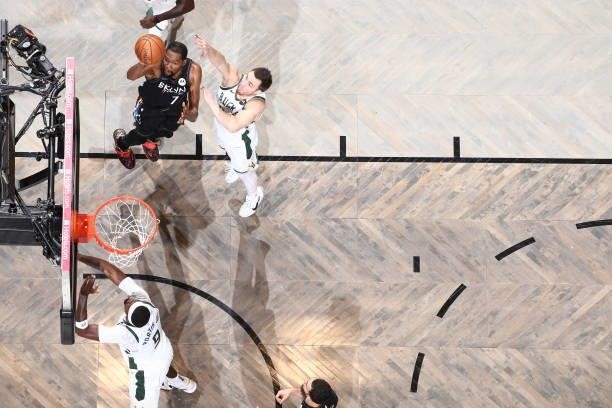 Kevin Durant of the Brooklyn Nets shoots the ball against the Milwaukee Bucks during Round 2, Game 2 of the 2021 NBA Playoffs on June 7, 2021 at...
