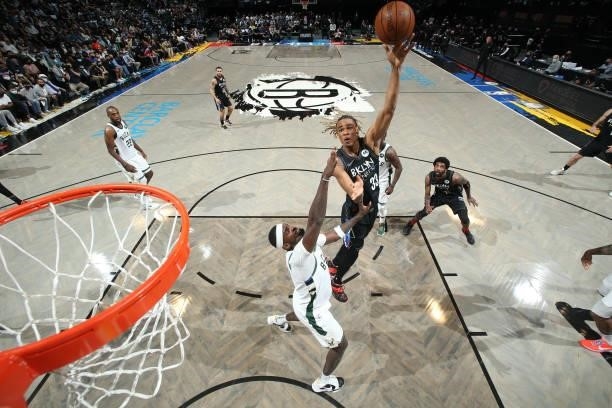 Nicolas Claxton of the Brooklyn Nets shoots the ball against the Milwaukee Bucks during Round 2, Game 2 of the 2021 NBA Playoffs on June 7, 2021 at...