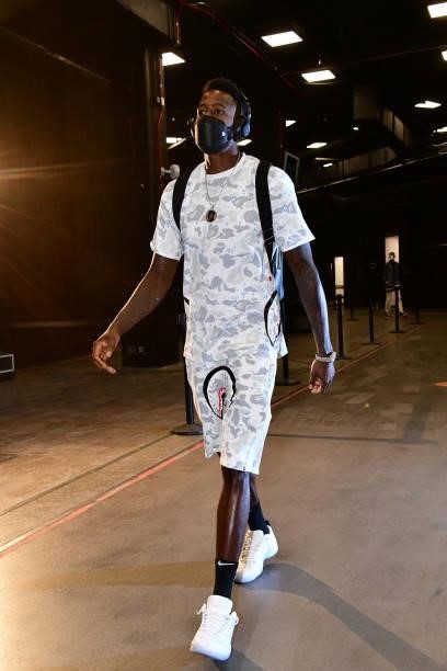 JaMychal Green of the Denver Nuggets arrives to the arena before the game against the Phoenix Suns during Round 2, Game 1 of the 2021 NBA Playoffs on...