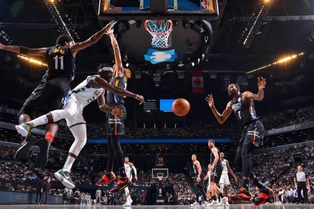 Jrue Holiday of the Milwaukee Bucks passes the ball against the Brooklyn Nets during Round 2, Game 2 on June 7, 2021 at Barclays Center in Brooklyn,...