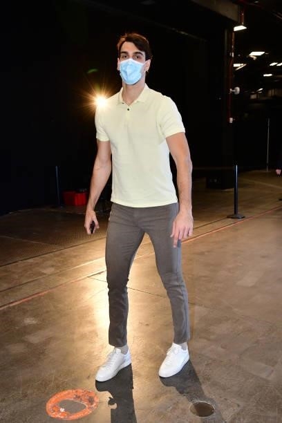 Dario Saric of the Phoenix Suns arrives to the arena before the game against the Denver Nuggets during Round 2, Game 1 of the 2021 NBA Playoffs on...
