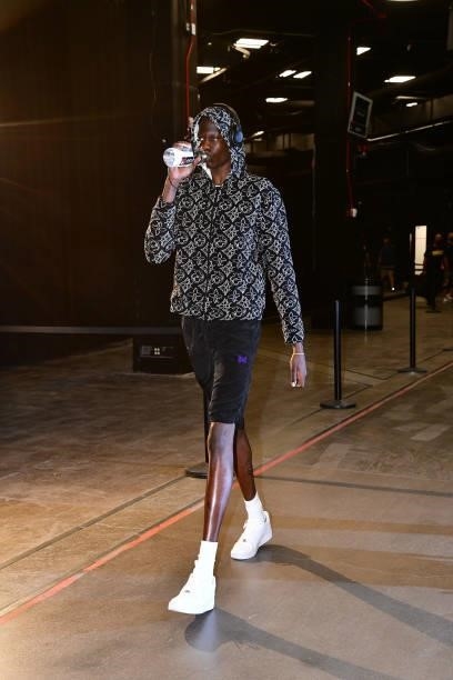 Bol Bol of the Denver Nuggets arrives to the arena before the game against the Phoenix Suns during Round 2, Game 1 of the 2021 NBA Playoffs on June...