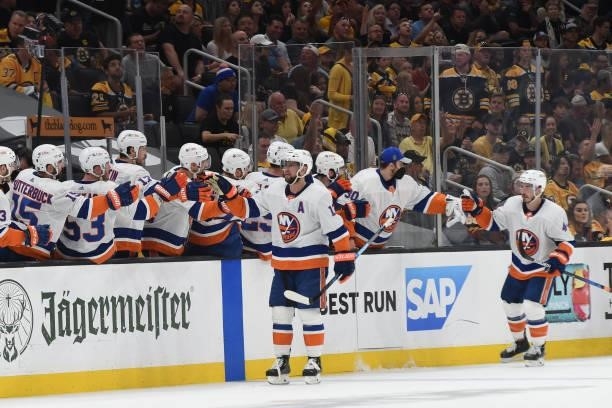 Josh Bailey of the New York Islanders celebrates his goal against the Boston Bruins in Game Five of the Second Round of the 2021 Stanley Cup Playoffs...
