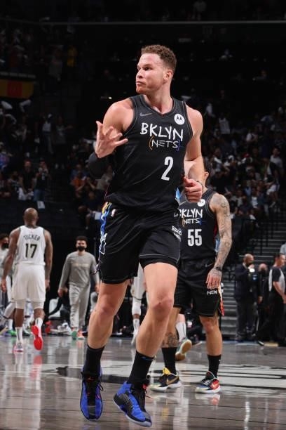 Blake Griffin of the Brooklyn Nets celebrates during Round 2, Game 2 of the 2021 NBA Playoffs on June 7, 2021 at Barclays Center in Brooklyn, New...