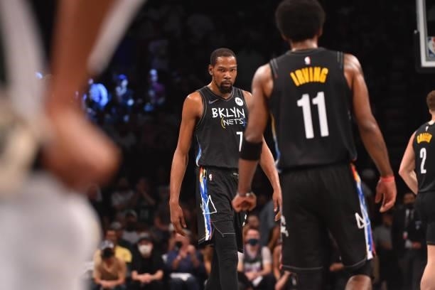 Kevin Durant of the Brooklyn Nets looks on during a game against the Milwaukee Bucks during Round 2, Game 2 on June 7, 2021 at Barclays Center in...