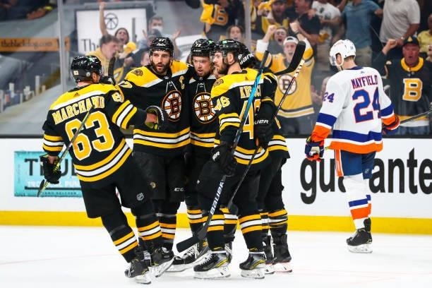 David Pastrnak of the Boston Bruins reacts after scoring in the third period in Game Five of the Second Round of the 2021 Stanley Cup Playoffs...