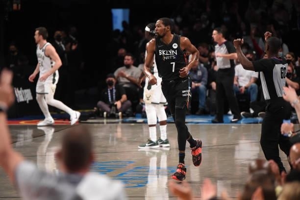 Kevin Durant of the Brooklyn Nets runs on during a game against the Milwaukee Bucks during Round 2, Game 2 on June 7, 2021 at Barclays Center in...