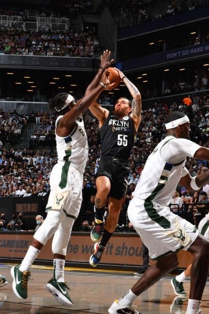 Mike James of the Brooklyn Nets shoots the ball against the Milwaukee Bucks during Round 2, Game 2 on June 7, 2021 at Barclays Center in Brooklyn,...