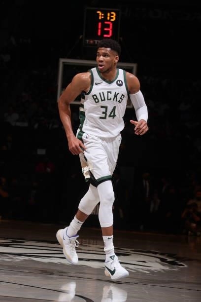 Giannis Antetokounmpo of the Milwaukee Bucks looks on during Round 2, Game 2 of the 2021 NBA Playoffs on June 7, 2021 at Barclays Center in Brooklyn,...
