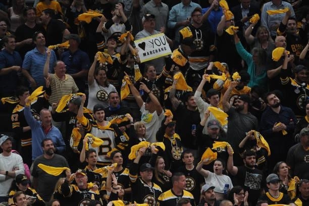 Fans of the Boston Bruins wave rally towels during the third period against the New York Islanders in Game Five of the Second Round of the 2021...