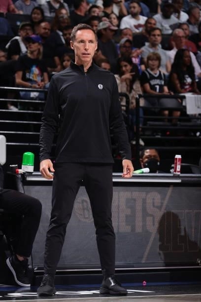 Head Coach Steve Nash of the Brooklyn Nets looks on during Round 2, Game 2 of the 2021 NBA Playoffs on June 7, 2021 at Barclays Center in Brooklyn,...