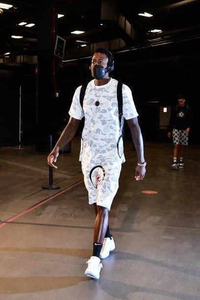 JaMychal Green of the Denver Nuggets arrives to the arena before the game against the Phoenix Suns during Round 2, Game 1 of the 2021 NBA Playoffs on...