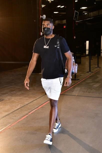 Twaun Moore of the Phoenix Suns arrives to the arena before the game against the Denver Nuggets during Round 2, Game 1 of the 2021 NBA Playoffs on...