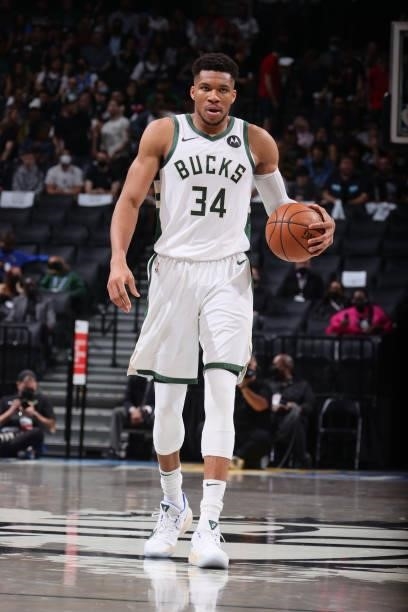 Giannis Antetokounmpo of the Milwaukee Bucks dribbles the ball against the Brooklyn Nets during Round 2, Game 2 of the 2021 NBA Playoffs on June 7,...
