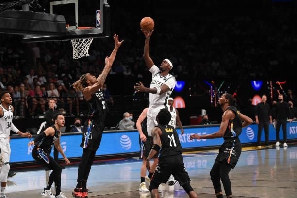 Timothe Luwawu-Cabarrot of the Brooklyn Nets shoots the ball against the Brooklyn Nets during Round 2, Game 2 on June 7, 2021 at Barclays Center in...