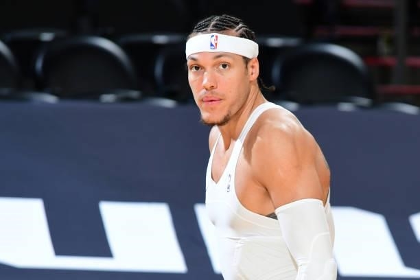 Aaron Gordon of the Denver Nuggets warms up before the game against the Phoenix Suns during Round 2, Game 1 of the 2021 NBA Playoffs on June 7, 2021...
