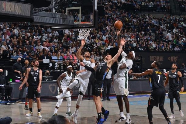 Bobby Portis of the Milwaukee Bucks shoots the ball against the Brooklyn Nets during Round 2, Game 2 on June 7, 2021 at Barclays Center in Brooklyn,...