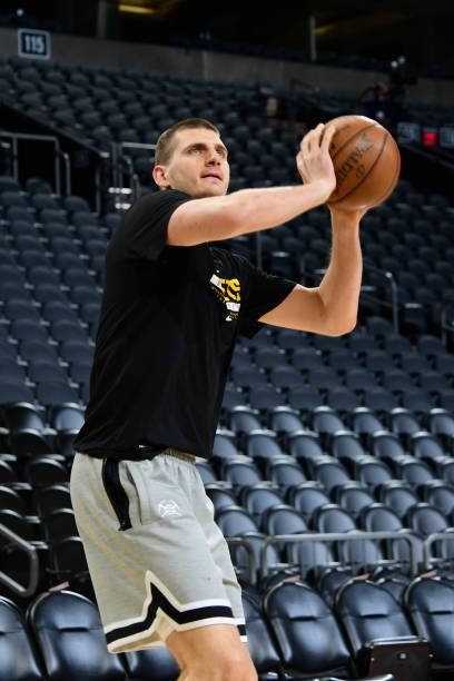 Nikola Jokic of the Denver Nuggets warms up before the game against the Phoenix Suns during Round 2, Game 1 of the 2021 NBA Playoffs on June 7, 2021...