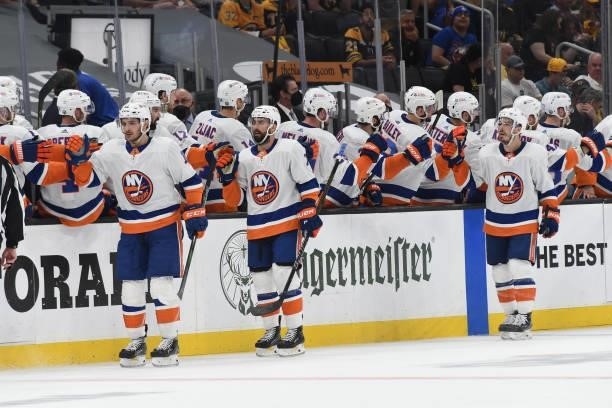 The New York Islanders celebrate a second period goal against the Boston Bruins in Game Five of the Second Round of the 2021 Stanley Cup Playoffs at...