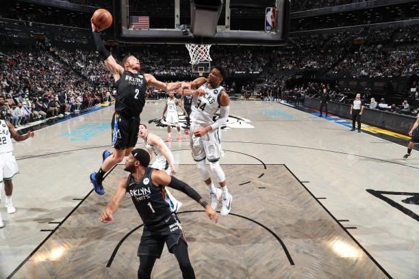 Blake Griffin of the Brooklyn Nets dunks the ball against the Milwaukee Bucks during Round 2, Game 2 of the 2021 NBA Playoffs on June 7, 2021 at...