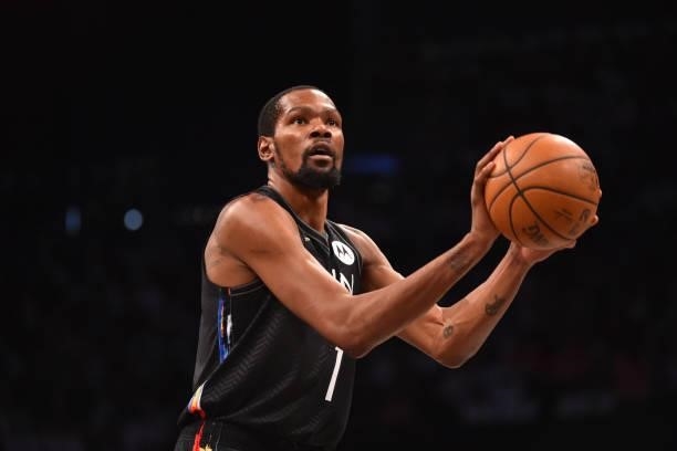 Kevin Durant of the Brooklyn Nets shoots a free throw during a game against the Milwaukee Bucks during Round 2, Game 2 on June 7, 2021 at Barclays...