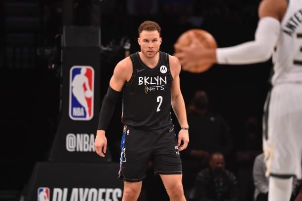 Blake Griffin of the Brooklyn Nets looks on during a game against the Milwaukee Bucks during Round 2, Game 2 on June 7, 2021 at Barclays Center in...