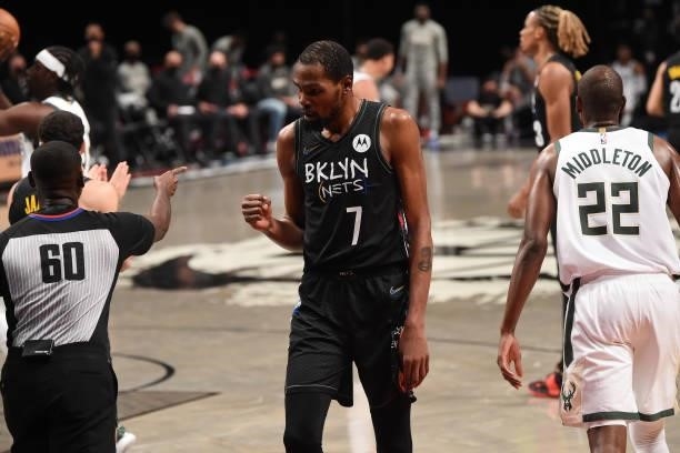Kevin Durant of the Brooklyn Nets reacts during a game against the Milwaukee Bucks during Round 2, Game 2 on June 7, 2021 at Barclays Center in...