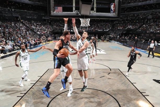 Blake Griffin of the Brooklyn Nets passes the ball to Bruce Brown of the Brooklyn Nets during Round 2, Game 2 of the 2021 NBA Playoffs on June 7,...