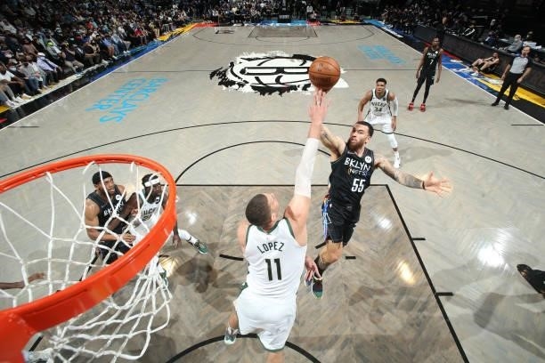 Mike James of the Brooklyn Nets shoots the ball against the Milwaukee Bucks during Round 2, Game 2 of the 2021 NBA Playoffs on June 7, 2021 at...