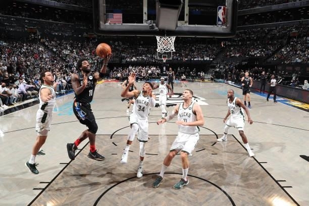 Kyrie Irving of the Brooklyn Nets drives to the basket against the Milwaukee Bucks during Round 2, Game 2 of the 2021 NBA Playoffs on June 7, 2021 at...