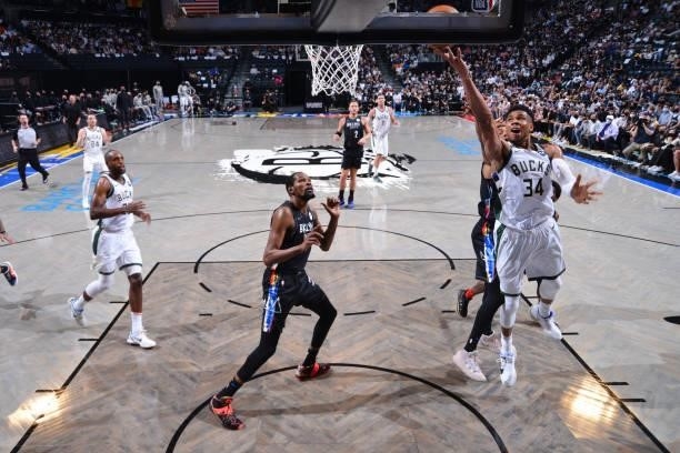 Giannis Antetokounmpo of the Milwaukee Bucks shoots the ball against the Brooklyn Nets during Round 2, Game 2 on June 7, 2021 at Barclays Center in...