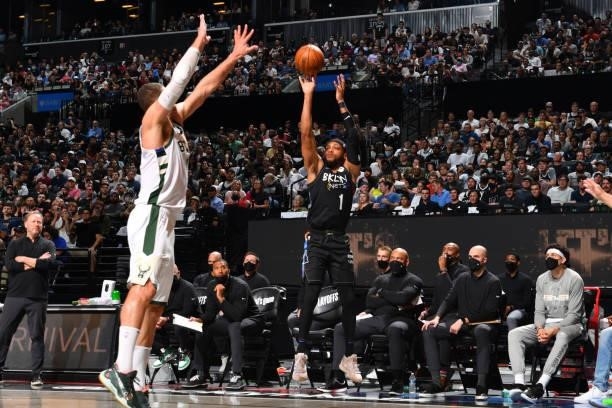 Bruce Brown of the Brooklyn Nets shoots a three-pointer against the Milwaukee Bucks during Round 2, Game 2 on June 7, 2021 at Barclays Center in...