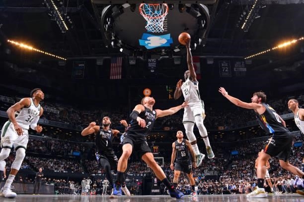 Jrue Holiday of the Milwaukee Bucks shoots the ball against the Brooklyn Nets during Round 2, Game 2 on June 7, 2021 at Barclays Center in Brooklyn,...