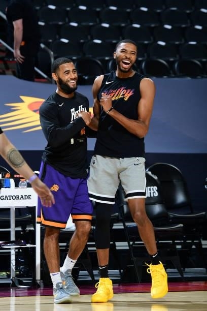Mikal Bridges of the Phoenix Suns smiles before the game against the Denver Nuggets during Round 2, Game 1 of the 2021 NBA Playoffs on June 7, 2021...