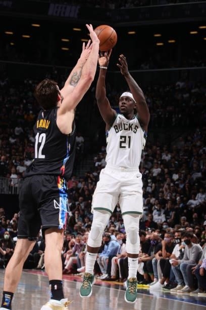Jrue Holiday of the Milwaukee Bucks shoots the ball against the Brooklyn Nets during Round 2, Game 2 of the 2021 NBA Playoffs on June 7, 2021 at...