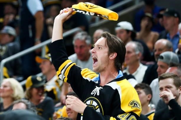 Boston Bruins fan reacts as a penalty is called against the New York Islanders in the second period in Game Five of the Second Round of the 2021...