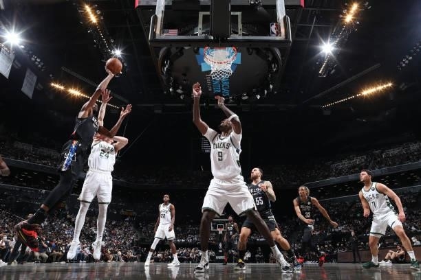 Kevin Durant of the Brooklyn Nets shoots the ball against the Milwaukee Bucks during Round 2, Game 2 of the 2021 NBA Playoffs on June 7, 2021 at...