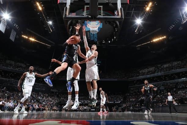 Blake Griffin of the Brooklyn Nets passes the ball to Bruce Brown of the Brooklyn Nets during Round 2, Game 2 of the 2021 NBA Playoffs on June 7,...