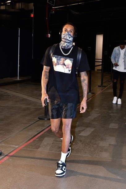 Monte Morris of the Denver Nuggets arrives to the arena before the game against the Phoenix Suns during Round 2, Game 1 of the 2021 NBA Playoffs on...