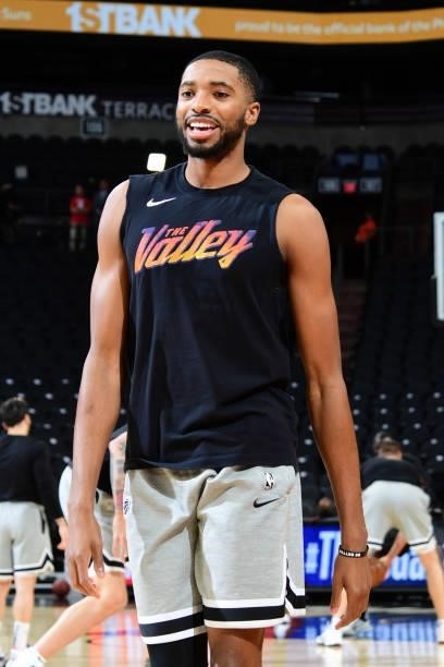 Mikal Bridges of the Phoenix Suns smiles before the game against the Denver Nuggets during Round 2, Game 1 of the 2021 NBA Playoffs on June 7, 2021...
