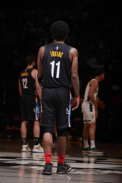 Kyrie Irving of the Brooklyn Nets looks on during Round 2, Game 2 of the 2021 NBA Playoffs on June 7, 2021 at Barclays Center in Brooklyn, New York....