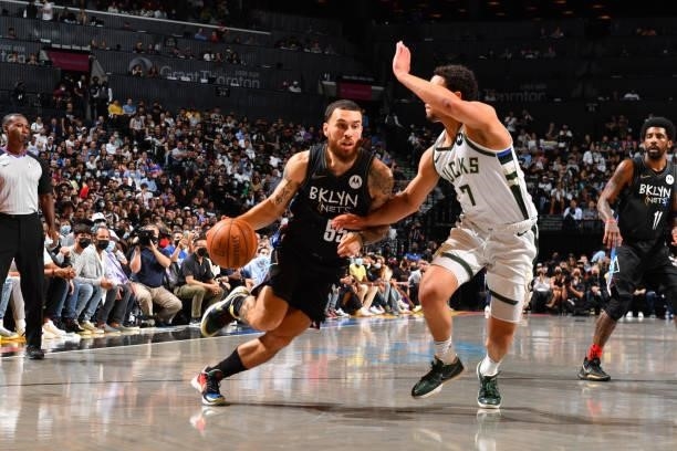 Mike James of the Brooklyn Nets handles the ball against the Milwaukee Bucks during Round 2, Game 2 on June 7, 2021 at Barclays Center in Brooklyn,...