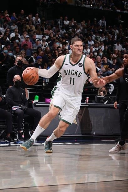 Brook Lopez of the Milwaukee Bucks drives to the basket against the Brooklyn Nets during Round 2, Game 2 of the 2021 NBA Playoffs on June 7, 2021 at...