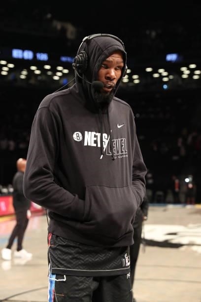 Kevin Durant of the Brooklyn Nets interviews after the game against the Milwaukee Bucks during Round 2, Game 2 of the 2021 NBA Playoffs on June 7,...